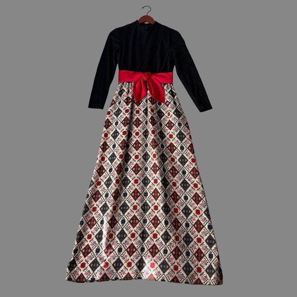 Vtg 70s Holiday Maxi Dress Black Bodice Bow Waistband Floral Jaquard Skirt 0 2 - Picture 2 of 10